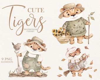 Clipart de Tigre Fofo em Aquarela, Tigres em Aquarela, Desenho de Tigres, Conjunto de Tigres Fofos em Desenho Animado, Arte para Quarto de Bebê, Chá de Bebê, Aniversário, Tigrinho