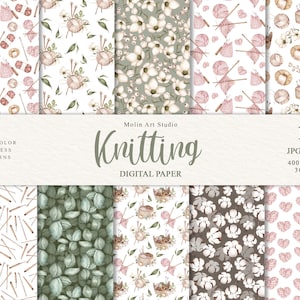 Modèle de tricot aquarelle, Paquet de papier numérique, Papiers de scrapbooking, Modèles de tricot sans couture, Fond numérique, Clipart au crochet