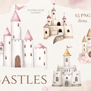 Clipart de castillo de acuarela, clip de castillo de cuento de hadas, clipart de guardería, clipart de castillo de dibujos animados, Magic Kingdom, Castillo de la princesa
