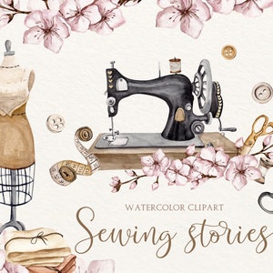 Watercolor Sewing Clipart Set: Vintage Machine, Mannequin, Scissors (PNG Files)