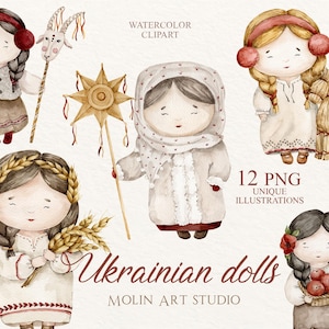 Clipart acquerello di bambole popolari ucraine, collezione ucraina, ragazza ucraina, popolo slavo, ragazze carine del popolo boho, creazione di biglietti, bambole carine