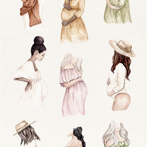 K&ouml;nnte beinhalten: Aquarell-Illustration von neun schwangeren Frauen in verschiedenen Posen und Kleidung. Die Illustration tr&auml;gt den Titel "zarte Mutterschaft" und ist mit "molinartstudio" signiert.