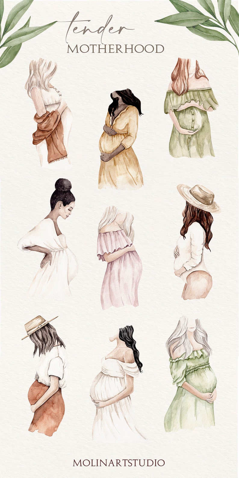 K&ouml;nnte beinhalten: Aquarell-Illustration von neun schwangeren Frauen in verschiedenen Posen und Kleidung. Die Illustration tr&auml;gt den Titel "zarte Mutterschaft" und ist mit "molinartstudio" signiert.