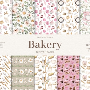 Aquarel Bakkerijpatroon, Digitaal Papierpakket, Plakboekpapier, Naadloze patronen bakken, Digitale achtergrond, Bakpatroon, Bakkerij