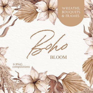 Boho Aquarelle Cadre Floral Clipart, Invitation de mariage, Couronne d’aquarelle Boho, Clipart d’herbe Pampas, Clipart floral de mariage