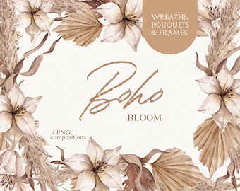 Boho Watercolor Floral Clipart: Wreaths, Frames, Bouquets (PNG Digital Download)