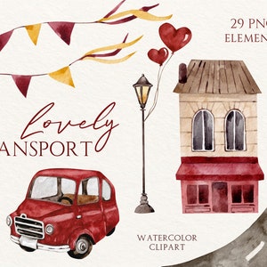 Clipart de transporte de acuarela, Clipart en el camino, Coche de acuarela, Globos, Barco, Bebé, Invitación, Lindo transporte de dibujos animados, Baby Shower
