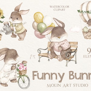 Clipart de conejito de acuarela, conejo de acuarela, dibujo de conejito, conjunto de conejo de dibujos animados lindo, arte infantil, baby shower, cumpleaños, conejito bebé