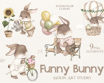 Cute Bunny Watercolor Clipart, Watercolor Rabbit, Bunny drawing, Cute Cartoon Rabbit Set, Nursery Art, Babyshower, Birthday, Baby bunny