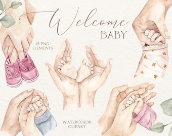 Aquarell Neugeborenen Clipart: Baby Shower Grafik (PNG-Dateien)