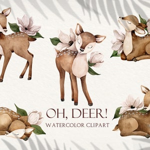 Baby Deer Acquerello Animale Clipart. floreale, arte del vivaio, fiori di cervo, bambini, invito, saluto, simpatici cervi, babyshower, animali del bosco
