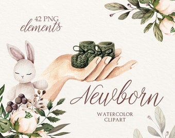Neugeborenen Aquarell Clipart: Baby Shower Grafiken (PNG-Dateien)
