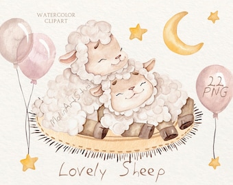 Watercolor Sheep Clipart, Baby Sheep Clipart, Nursery Art, Kids Clipart, Lamb Watercolor, Cute Sheep Watercolor, Nursery Decor, Baby Shower