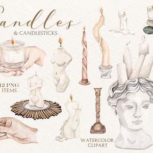 Aquarell Vintage Kerzen Clipart, Kerzen Clipart, Venus Büste Kerze, Menschen Hände Clipart, Gemütliche Kerzen Clipart, Rituale Clipart