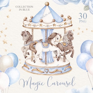 Carosello Acquerello Clipart, Carosello Cavallo, Carosello Nursery Art, Baby Shower, Carnevale Clipart, Carosello Pony, Compleanno Clipart, Cavalli