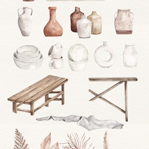 May include: Watercolor illustration of clay pottery, including vases, bowls, mugs, and benches. The illustration also includes floral elements, such as leaves, branches, and a single pink rose.