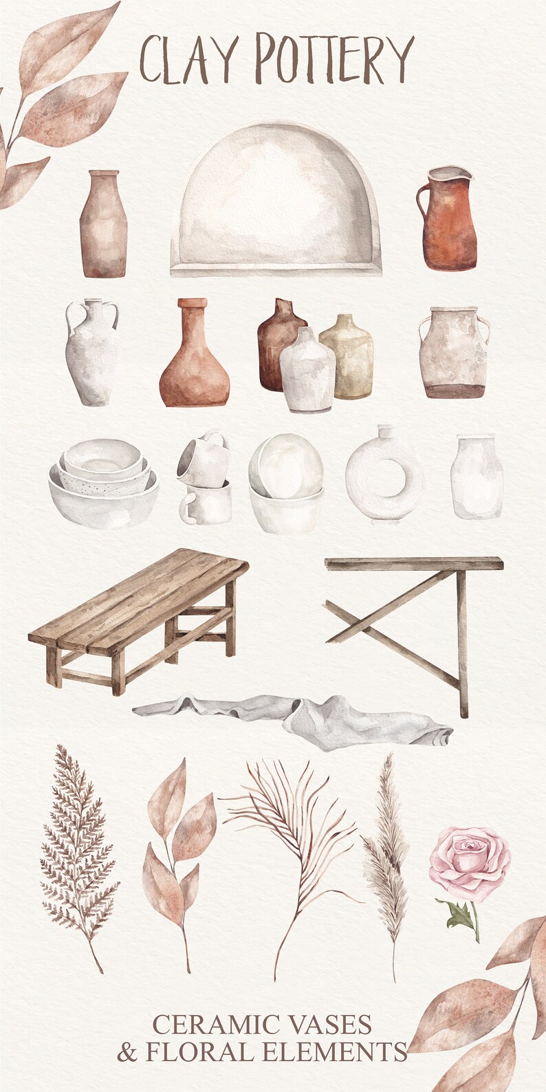 May include: Watercolor illustration of clay pottery, including vases, bowls, mugs, and benches. The illustration also includes floral elements, such as leaves, branches, and a single pink rose.