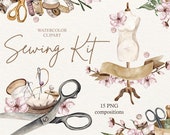 Watercolor Sewing Clipart, Floral Sewing Clipart, Vintage Sewing Machine, Sewing Studio Logo, Mannequin Clipart, Stitching, Scissors