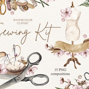 Watercolor Sewing Clipart: Floral Sewing Machine, Mannequin (PNG)