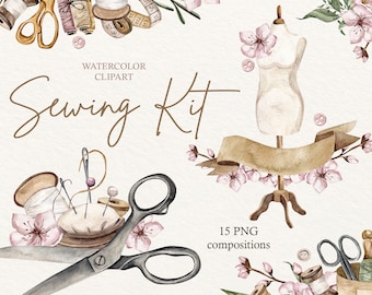 Clipart naaien aquarel: bloemennaaimachine, etalagepop (PNG)