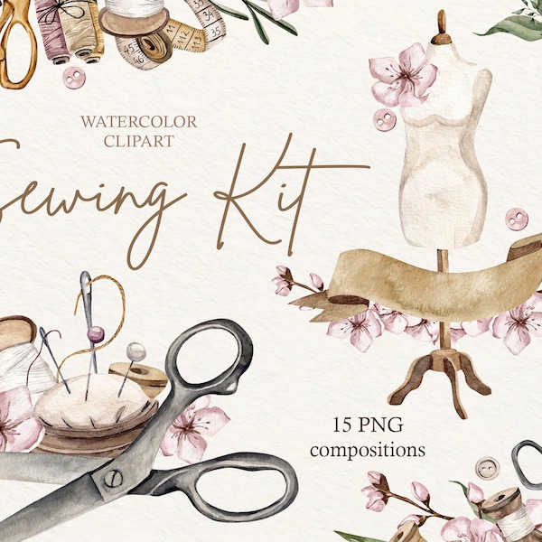 Watercolor Sewing Clipart, Floral Sewing Clipart, Vintage Sewing Machine, Sewing Studio Logo, Mannequin Clipart, Stitching, Scissors