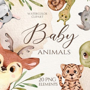 Mignon Bébés Animaux Aquarelle Clipart, Cerf, Rhinocéros, Flamant rose, Éléphant, Escargot, Hippopotame, Babyshower, Enfants, Bébé, Inviter, Décoration de crèche