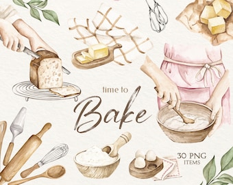 Watercolor Baking Clipart, Baking Supplies, Home bakery Logo, Cooking Elements, Culinary Clipart, Kitchen Utensils, Baking Tools Watercolor