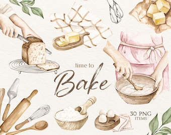 Clipart de repostería en acuarela: Utensilios de cocina, elementos de cocina (30 PNG)