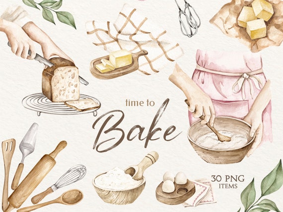 Watercolor Baking Supplies Hand Painted Bakery Logo Design 