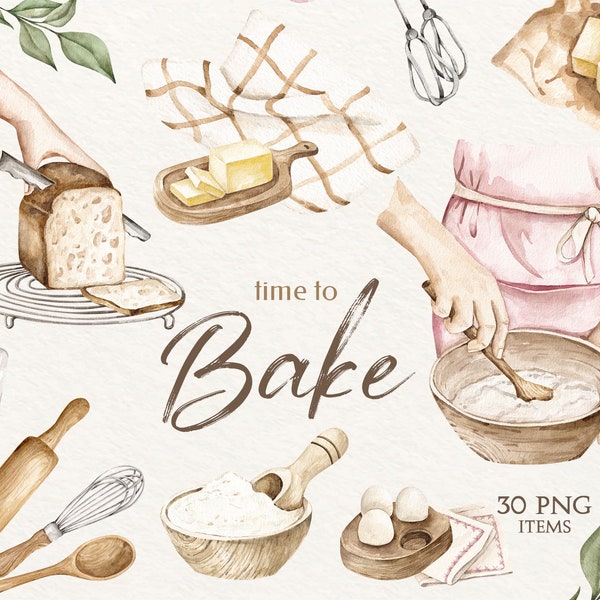 Watercolor Baking Clipart, Baking Supplies, Home bakery Logo, Cooking Elements, Culinary Clipart, Kitchen Utensils, Baking Tools Watercolor