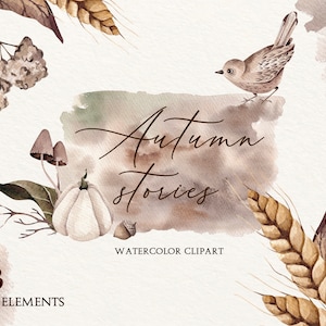 Clipart aquarelle d’automne, Clipart de feuilles d’automne, Forêt d’automne, Lapin, Oiseaux, Citrouille, Fleurs et plantes