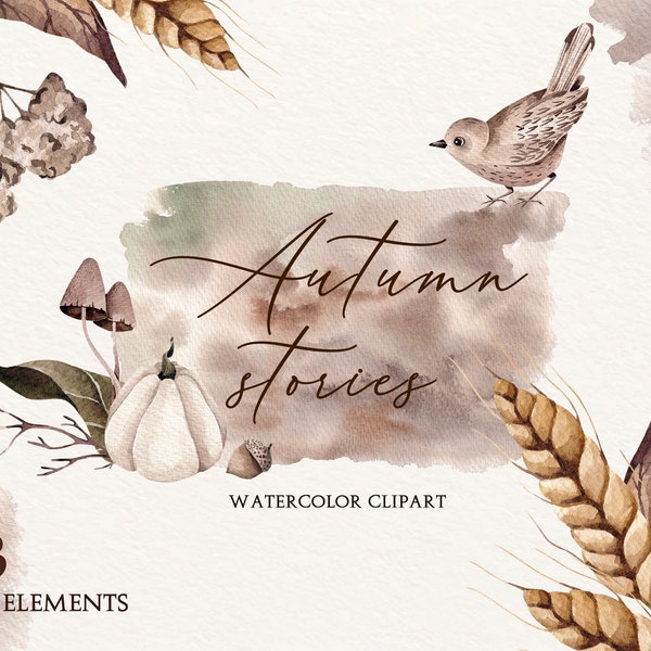 Autumn Watercolor Clipart, Fall Leaves Clipart, Autumn Woodland, Bunny, Birds, Pumpkin, Flowers and Plants