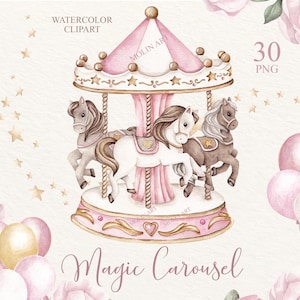 Carousel Watercolor Clipart, Carousel Horse, Carousel Nursery Art, Baby Shower, Carnival Clipart, Carousel Pony, Birthday Clipart, Horses