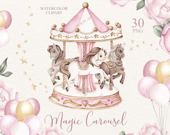 Carousel Watercolor Clipart, Carousel Horse, Carousel Nursery Art, Baby Shower, Carnival Clipart, Carousel Pony, Birthday Clipart, Horses