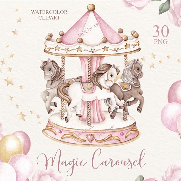 Carrousel aquarel clipart, carrousel paard, carrousel kinderkamer kunst, baby shower, carnaval clipart, carrousel pony, verjaardag clipart, paarden