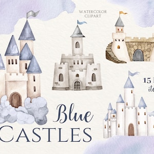 Watercolor Blue Castle Clipart, Fairytale Castle Clipart, Nursery Clipart, Cartoon Castle Clipart, Magic Kingdom, Princess Castle