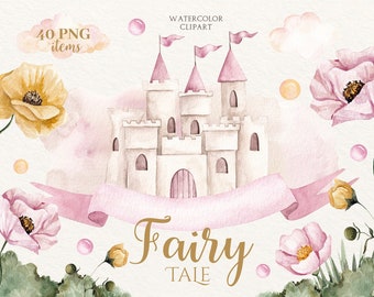 Watercolor Fairy Tale Clipart, Fairytale Castle Clipart, Royal Carriage, Magic Kingdom. Baby Shower Clipart, Nursery Clipart
