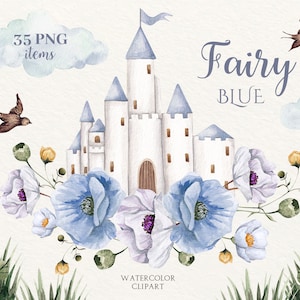 Watercolor Fairy Tale Clipart, Blue Fairytale Castle Clipart, Magic Kingdom. Baby Shower Clipart, Nursery Clipart