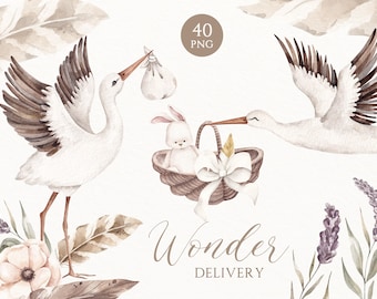 Watercolor Stork Clipart: Baby Shower Nursery Decor (PNG)
