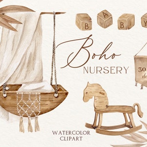 Boho Nursery Watercolor Clipart, Newborn Watercolor Clipart, Baby Shower, Baby Cradle Clipart, Maternity, Greeting Card, Wooden Toys Clipart