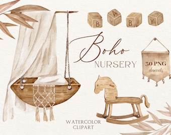 Boho Kinderzimmer Aquarell Clipart: 30 PNG-Bilder (Digitaler Download)