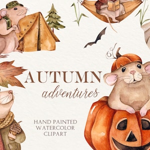 Clipart aquarelle de souris mignonne, Animaux drôles, babyshower, enfants, bébé, mignon, Inviter, carte de vœux, automne, anniversaire, garçon, fille, voyage