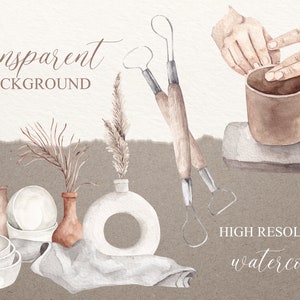 May include: Watercolor illustration of pottery tools, a vase, and a bowl. The tools are wooden with metal tips. The vase is white with a ring shape. The bowl is white with a brown rim. The background is a light brown.