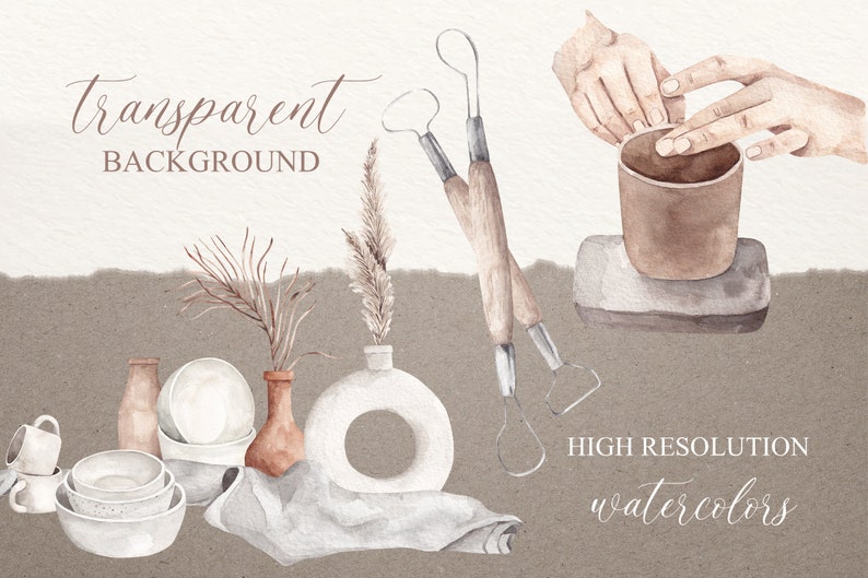 May include: Watercolor illustration of pottery tools, a vase, and a bowl. The tools are wooden with metal tips. The vase is white with a ring shape. The bowl is white with a brown rim. The background is a light brown.
