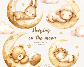 Sleepy Animals Clipart, Watercolor Moon & Stars Clipart: Pastel Nursery Art (PNG Digital Download)