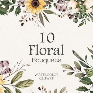 Bouquets floraux aquarelles, Feuilles d’Eucaliptus vertes, Clipart floral de mariage, Cadres Invite, Carte de vœux, Invitation de mariage moderne
