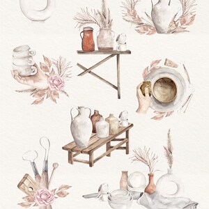 May include: A watercolor illustration of 10 pre-made compositions featuring pottery, vases, and floral arrangements. The illustrations are in a rustic, earthy style with brown, beige, and white colors.