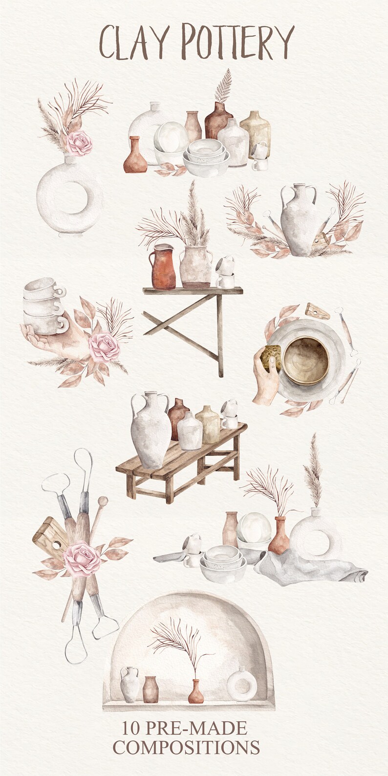 May include: A watercolor illustration of 10 pre-made compositions featuring pottery, vases, and floral arrangements. The illustrations are in a rustic, earthy style with brown, beige, and white colors.