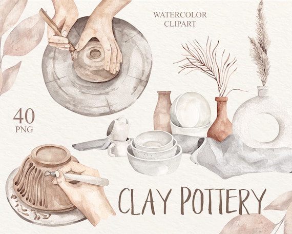 Watercolor Pottery Clipart: Clay Art, Greek Vases (PNG Digital Download)
