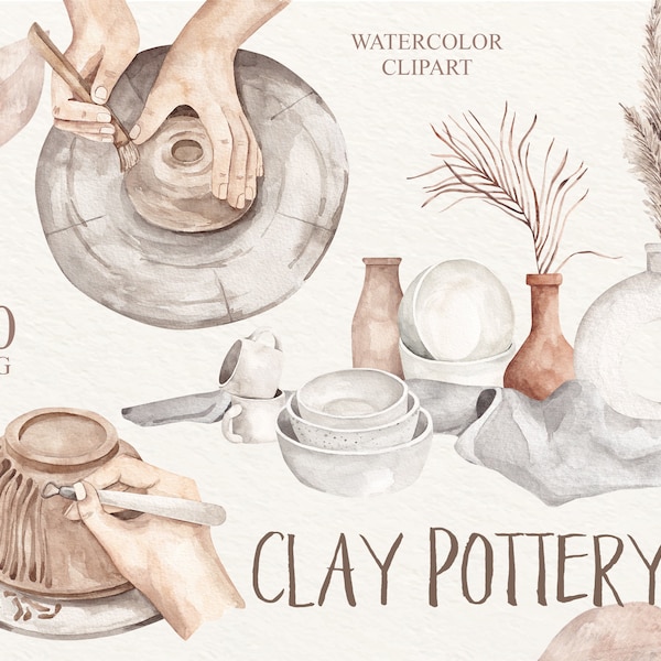 Watercolor Pottery Clipart, Clay Sculpting, Ceramic Clipart, Clay Art, Greek Vases, Clay Pottery Logo Design, Clay Boho, Pottery Tools